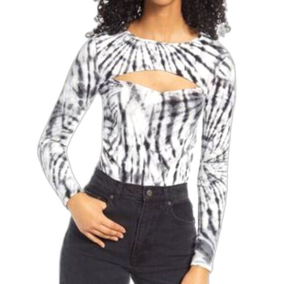 Good Luck Gem Tee Womens XS 0 2 Tie Dye Longsleeve Cutout Crop Black White - Picture 1 of 6